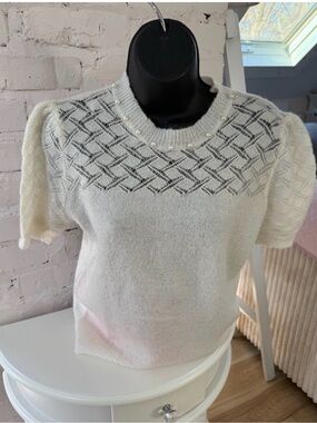 Fracomina Cream Mohair Blend Pearl Embellished Puff Sleeve Open Knit Sweater Top